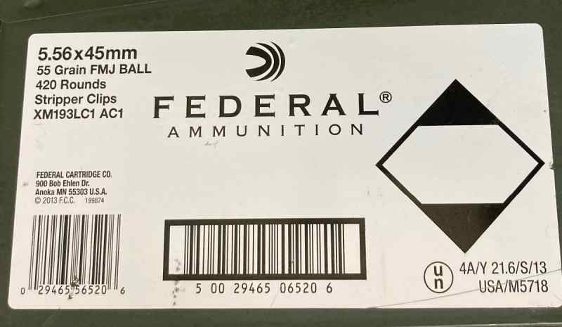 Federal Lake City M193. 420rds on clips. $250